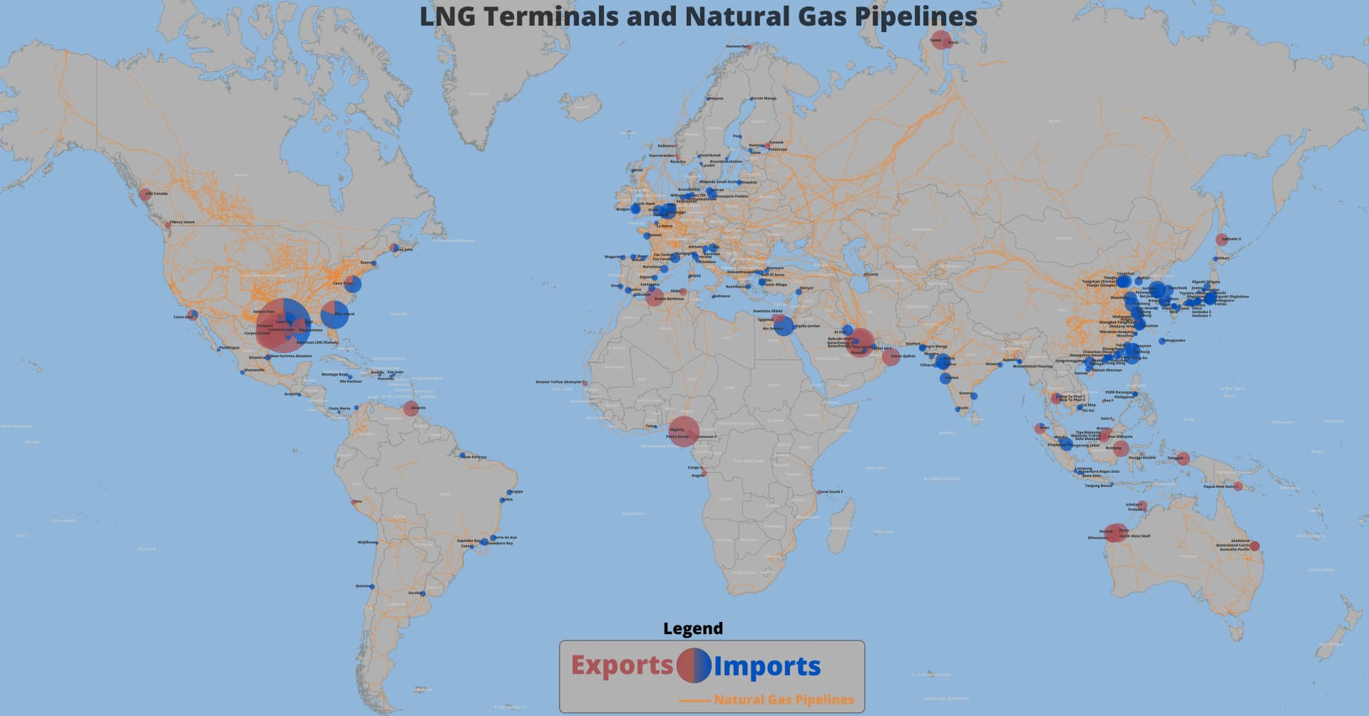 Industrial infrastructure showing natural gas pipelines and LNG terminals with interconnected equipment and processing facilities against a landscape background.