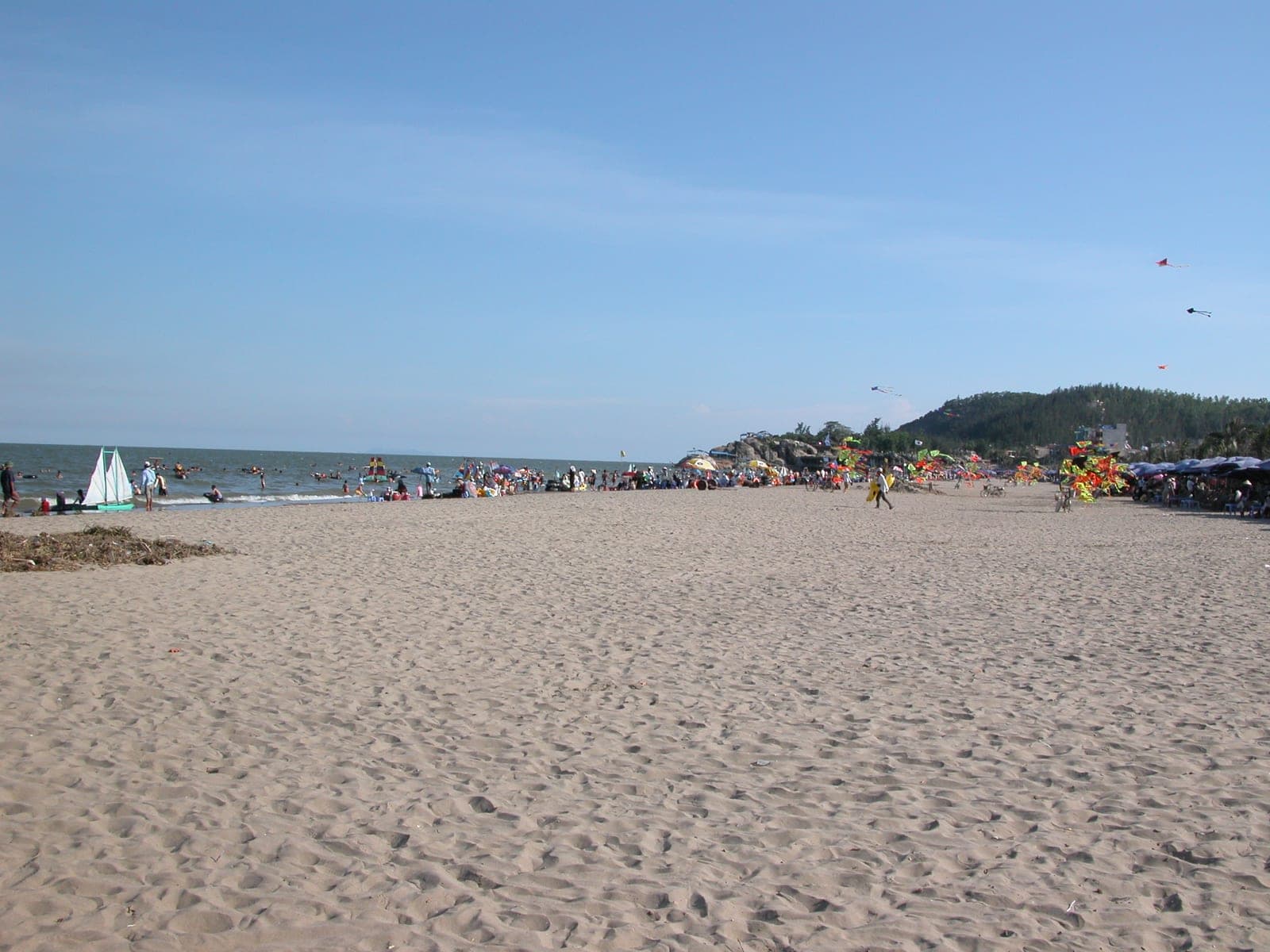 Pristine sandy beach with crystal clear turquoise waters and lush vegetation, exemplifying Vietnam's tropical coastal landscapes and island destinations.