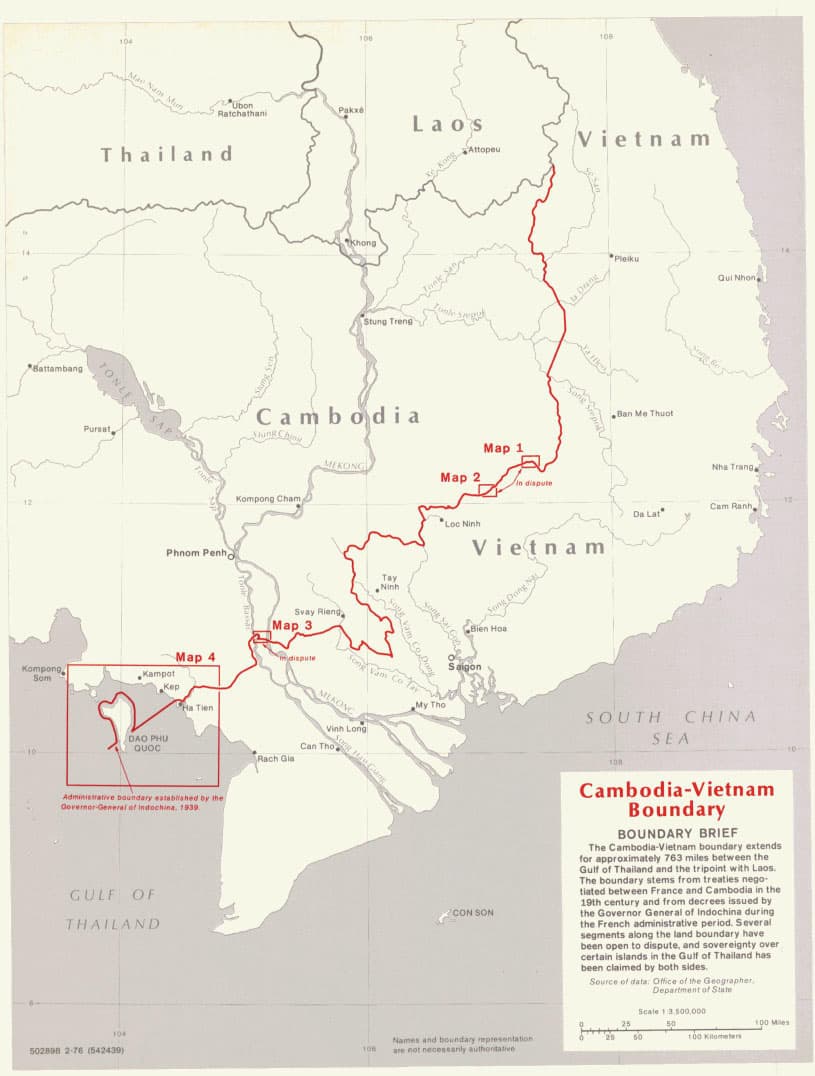 Aerial photograph of the international border dividing Cambodia and Vietnam, with landscape features and terrain clearly visible below