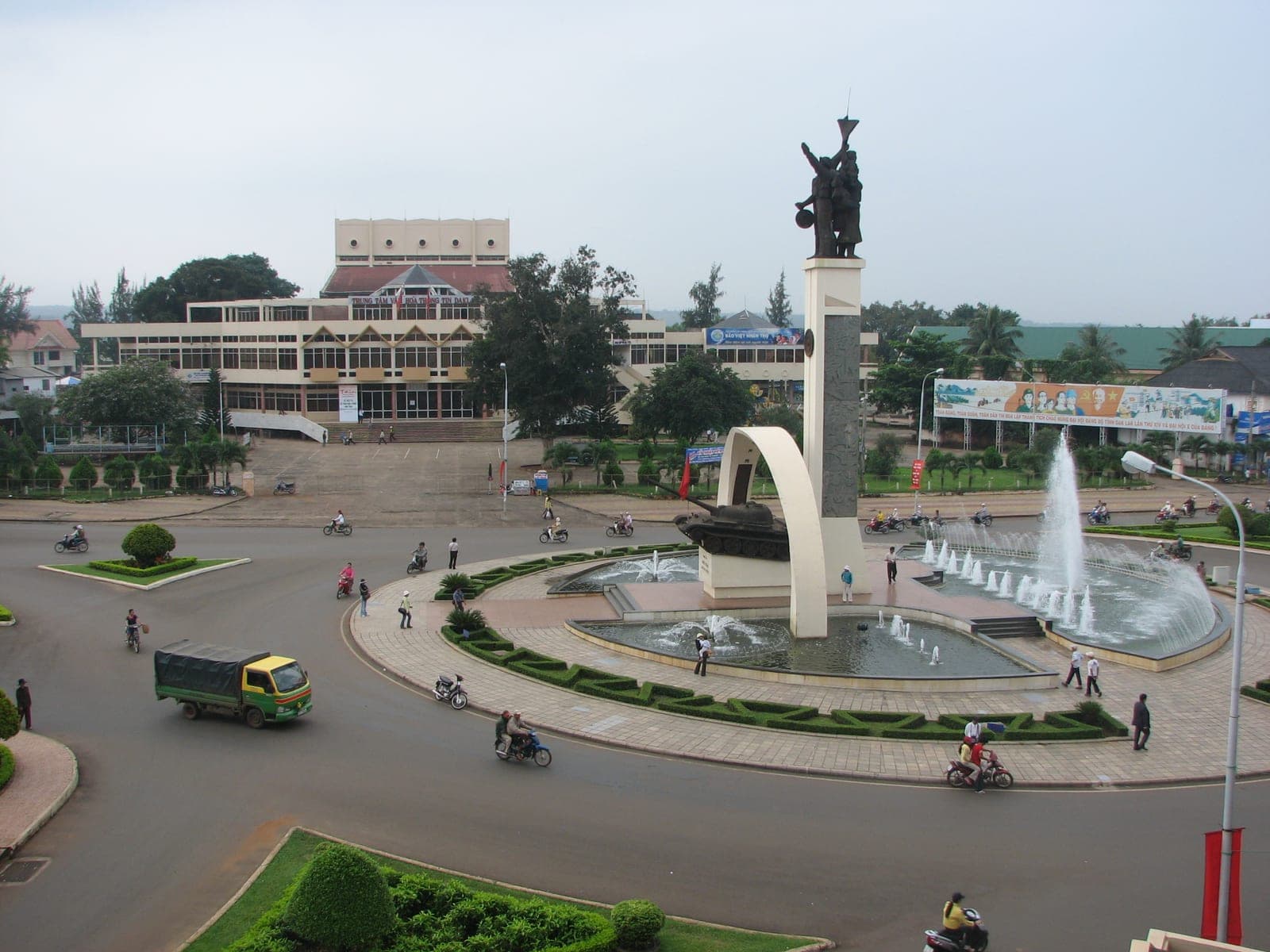 Aerial view of Buon Ma Thuot city center showing low-rise urban development and architecture characteristic of Vietnam's coffee capital.