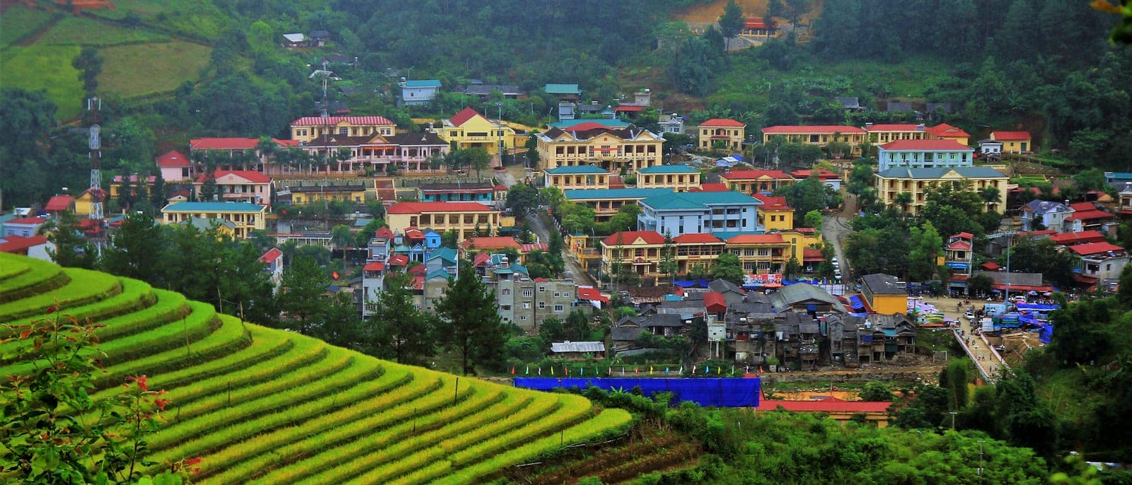 Terraced rice paddies cascading down a mountainside in Mù Cang Chải, with geometric patterns formed by cultivation in varying stages of growth