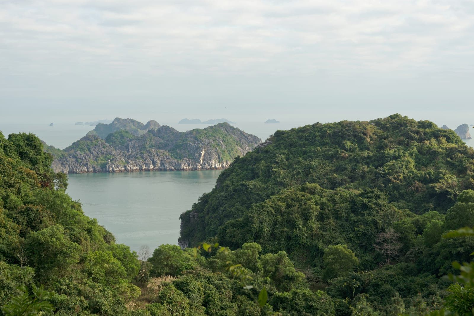 Seascape view of turquoise waters and limestone islands from Cannon Fort Park overlooking Cat Ba, with Lan Ha Bay visible