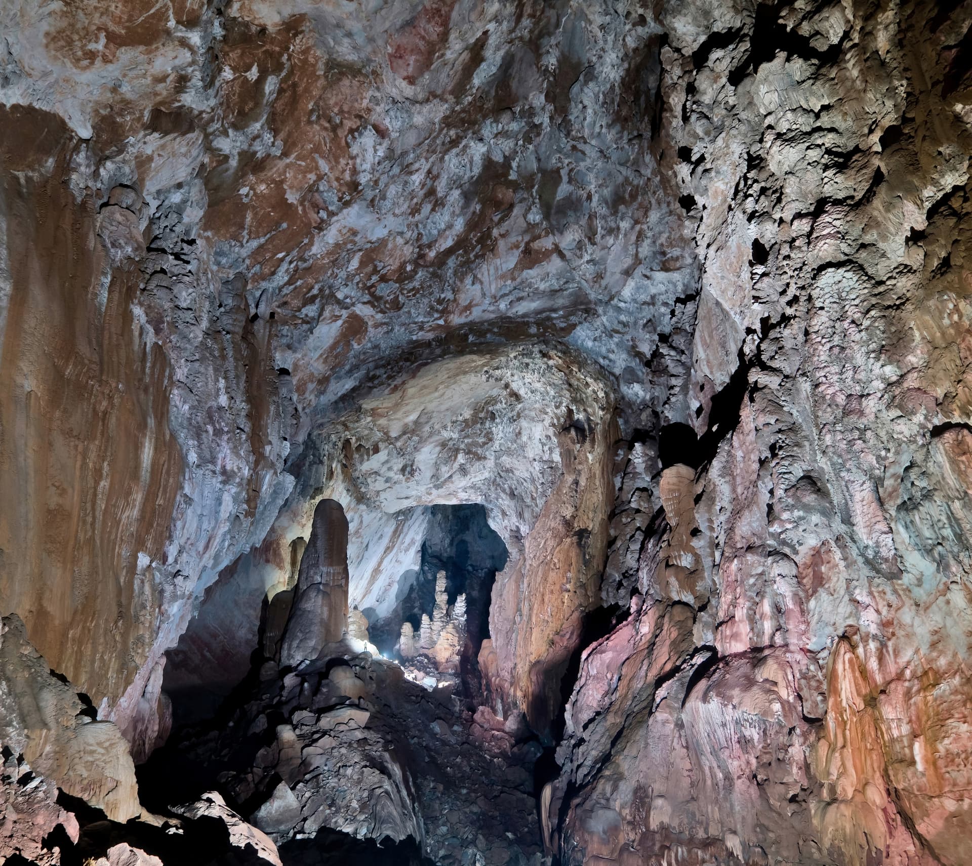 Interior of Son Doong Cave with massive stalagmites and jungle vegetation visible through a collapse doline opening above.