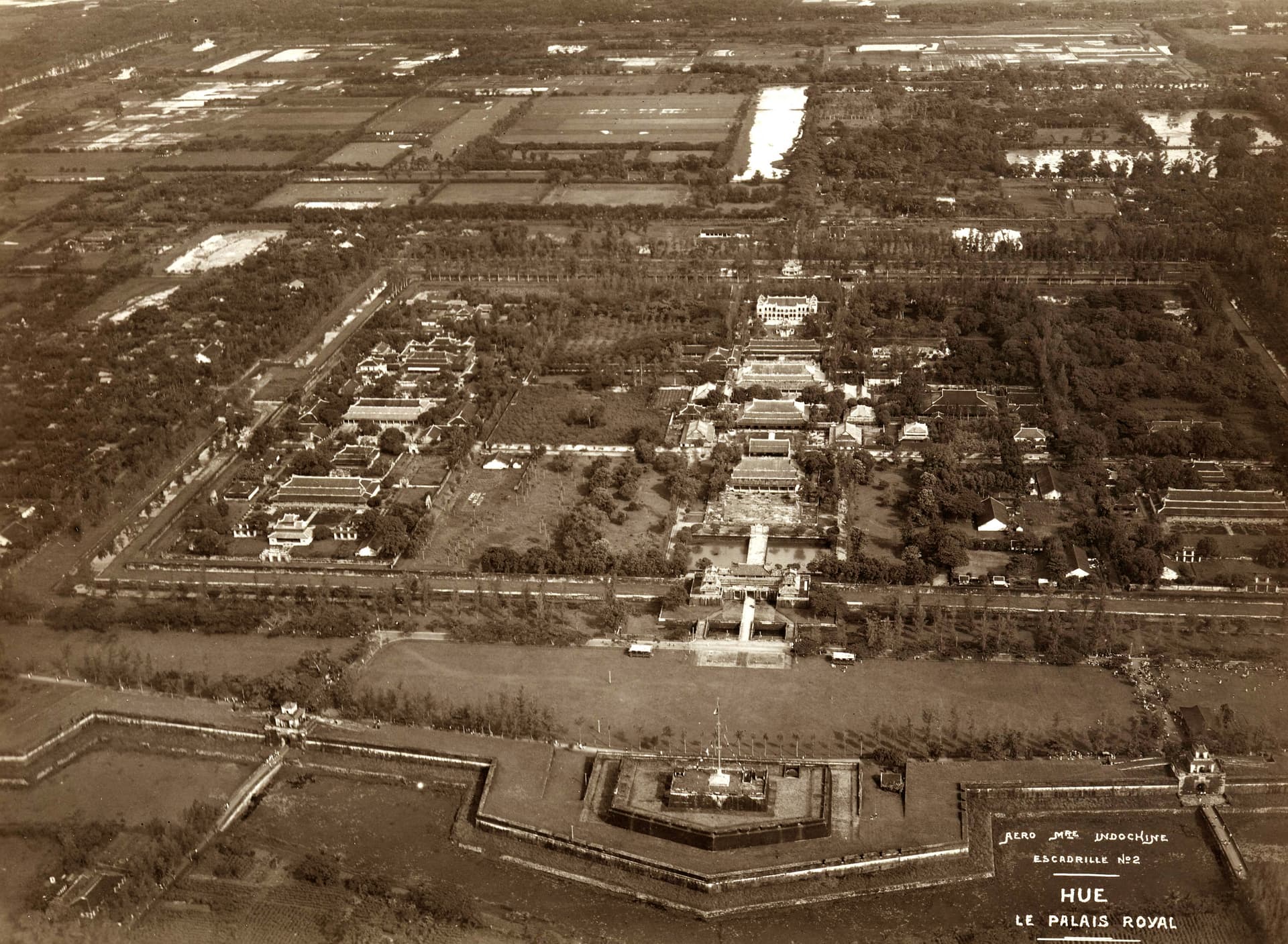 Aerial photograph of Huế city showing the imperial capital's historic layout and buildings from above