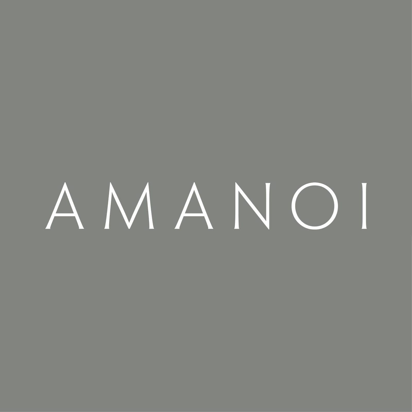 Amanoi luxury resort hotel logo featuring elegant calligraphy and minimalist design in neutral tones on white background